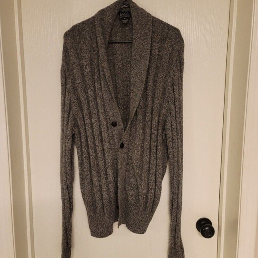 ~ mens grey button front Jos A Bank sweater with fold down collar - size XL